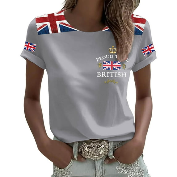 T Shirts for Women Great British Flag Print Short Sleeve Crew Neck Tops Summer Casual Stretch Comfy Loose Workout Basic Tees Z002-Grey M