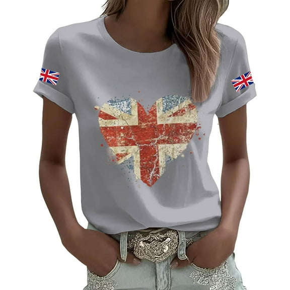 T Shirts for Women Great British Flag Print Short Sleeve Crew Neck Tops Summer Casual Stretch Comfy Loose Workout Basic Tees Z005-Grey L