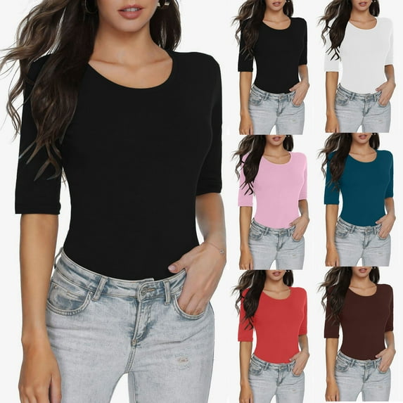 T Shirts for Women Half Sleeved Crop Solid Color Basic Slim Fit Tee Tops Pink Fashion Casual Blouses M