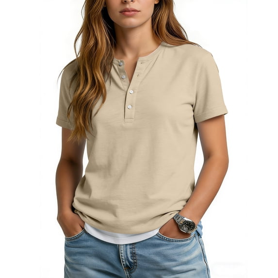 T-Shirts for Women Henley Neck Short Sleeve Women's Tops, Tees & Blouses Solid Color Button Womens Summer Tops Casual