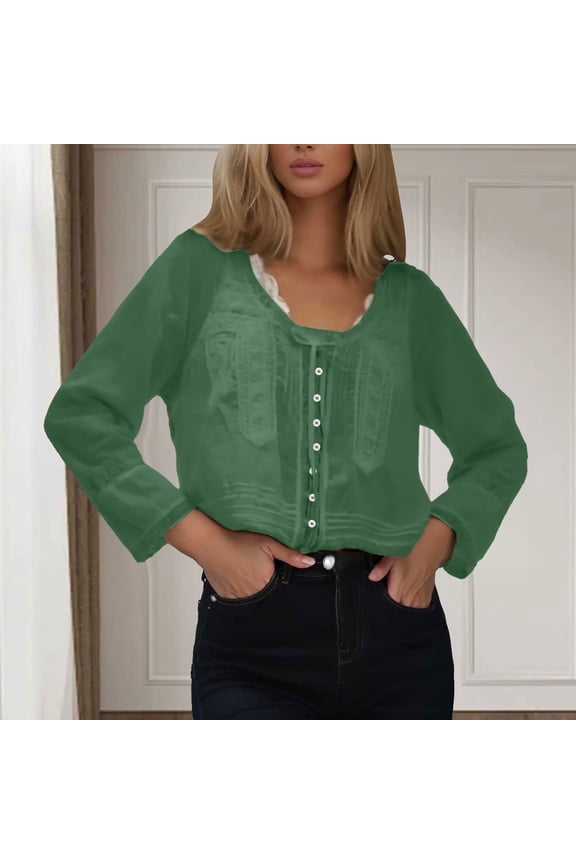 T Shirts for Women Lace Tie Front Long Sleeve Button Up Chiffon Cardigan Flowy Boho Peplum Womens Summer Tops Green L