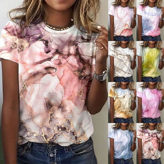 T Shirts for Women Ladies Colorful Tie Dye Crew Neck Short Sleeve Summer Top Tees for Women Khaki XL