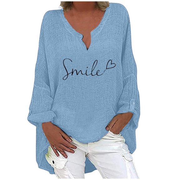 T Shirts for Women Ladies Summer Long Sleeve Fashion Print Breathable Long Tail Style V Neck T-Shirts Tops Womens Tshirts Sky Blue L