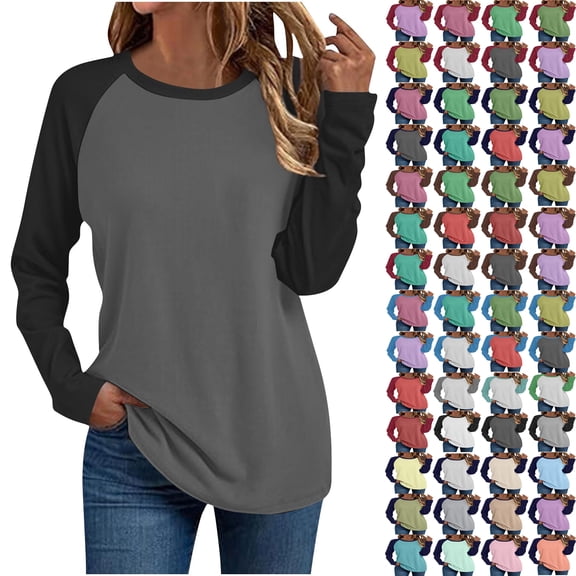 T-Shirts for Women Long Sleeve Color Block Raglan T-Shirts, Casual Crew Neck Baseball Tee Tops with Contrast Sleeves