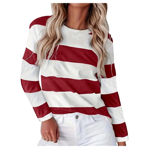 T Shirts for Women Long Sleeve Crewneck Tees Striped Stylish Casual Daily Wear Basic Tops Red XL