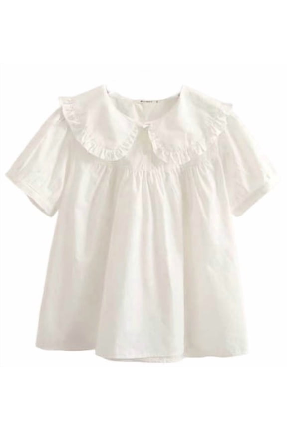 T Shirts for Women Long Sleeve Lapel Tees Solid Color Peter Pan Collar Cute Summer Sweet Tops White S