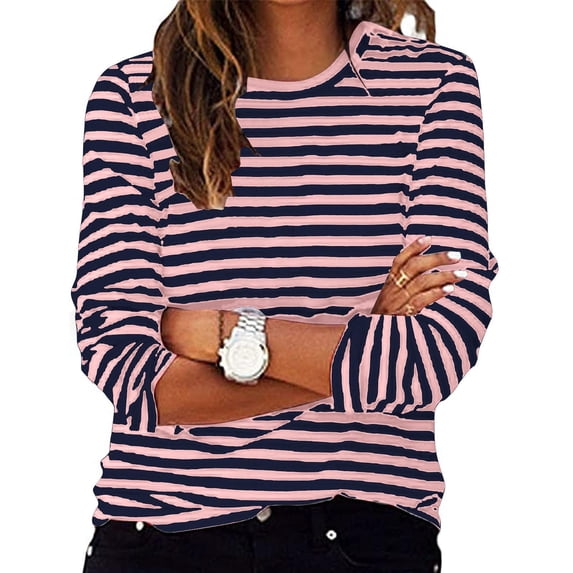 T Shirts for Women Long Sleeve Striped Color Block Print Top Round Neck Regular Fitted Tees Womens Tees Light Pink XXL
