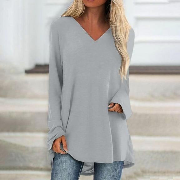 T Shirts for Women Long Sleeve V Neck Casual Solid Color Medium Long Tops