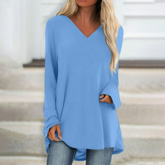 T Shirts for Women Long Sleeve V Neck Casual Solid Color Medium Long Tops