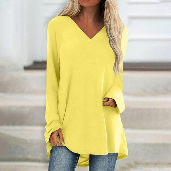 T Shirts for Women Long Sleeve V Neck Casual Solid Color Medium Long Tops