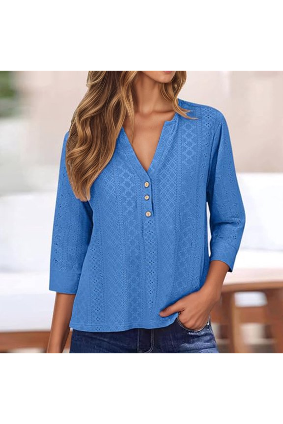 T Shirts for Women Loose Fit Casual Button Down Mandarin Collar Mesh 3/4 Sleeve Top Summer Tops for Women Sky Blue S