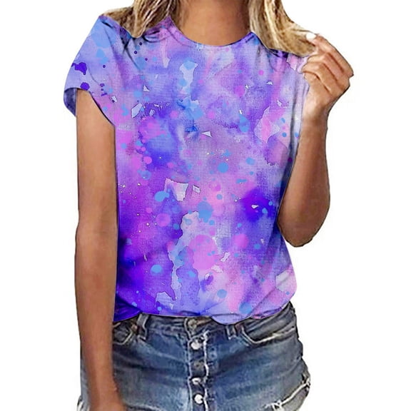T-Shirts for Women Loose Fit Floral Print Short Sleeve Round Neck Top Casual Womens Tops Purple M