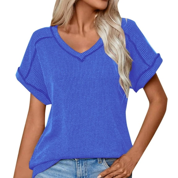 T Shirts for Women Loose Fit V Neck Solid Color Short Sleeve Shirt Summer Fashion Casual Loose Cotton Tops (Blue S)