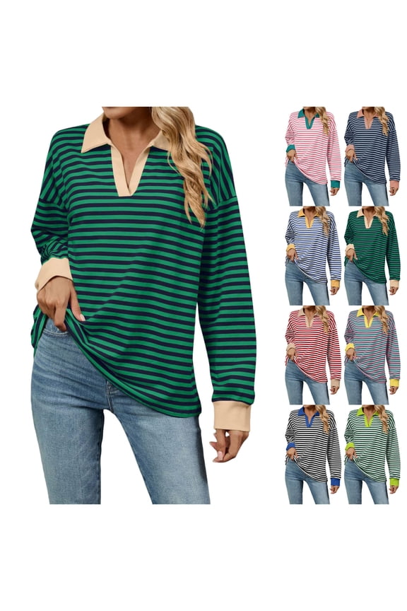 T Shirts for Women Loose Long Sleeve V-Neck Striped Tops Spring Summer Casual Basic Tees