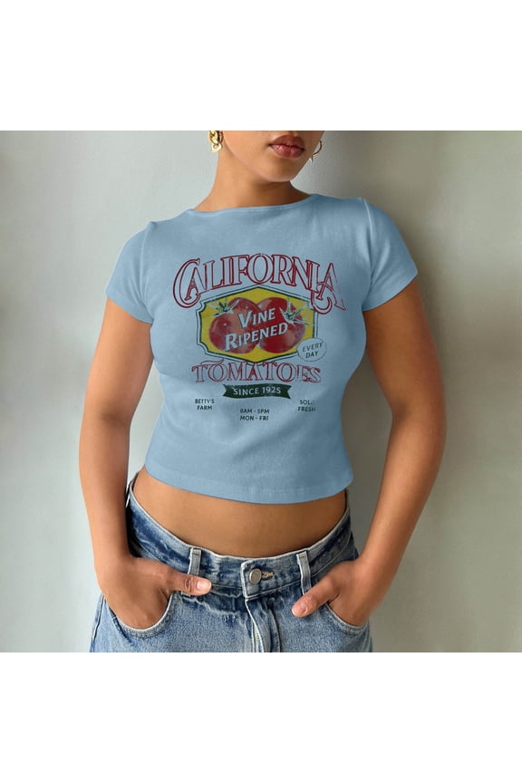 T Shirts for Women Midriff-Baring Slim Fit Custom Print Crew Neck Short Sleeve Crop Tops for Streetwear Tees for Women Blue XXL