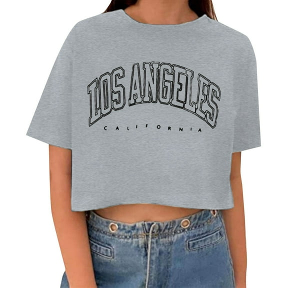T Shirts for Women Novelty Los Angeles Letter Printed Crop Tops Short Sleeved Round Neck Classic Fit Workout Pullover Shirts
