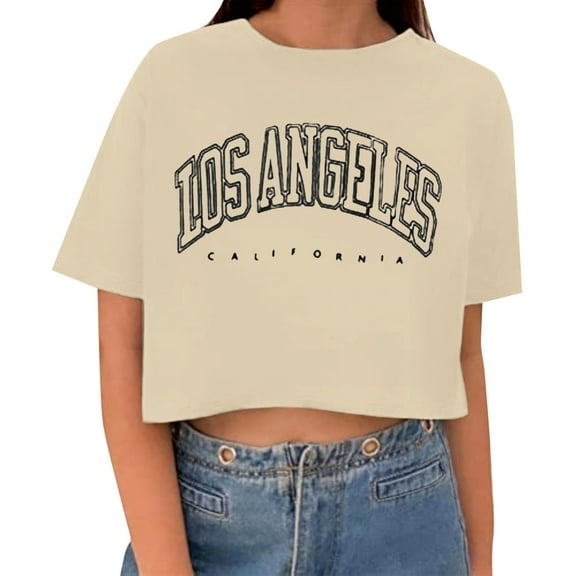 T Shirts for Women Novelty Los Angeles Letter Printed Crop Tops Short Sleeved Round Neck Classic Fit Workout Pullover Shirts