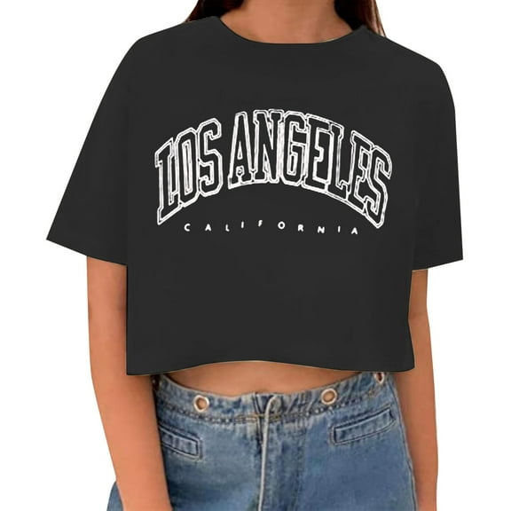 T Shirts for Women Novelty Los Angeles Letter Printed Crop Tops Short Sleeved Round Neck Classic Fit Workout Pullover Shirts