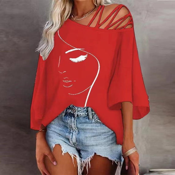 T Shirts for Women Off Shoulder Crew Neck Short Sleeve Loose Fit Stylish Print Breathable Tops for Everyday Wear Women's Graphic Tees RD2 L