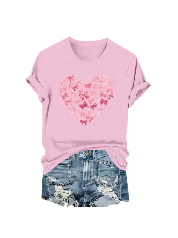 T Shirts for Women Ohufall Womens Tops Short Sleeve Bow Printed Valentines Shirts Summer Graphic Crewneck T-Shirts Basic Tees