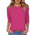 thumbnail image 1 of T-Shirts for Women Plus Size 3/4 Length Sleeve Solid Color Crewneck Pleated Lightweight Dressy Tunic Tops Hot Pink 4XL, 1 of 5