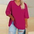 thumbnail image 1 of T Shirts for Women Plus Size 3/4 Sleeve V-neck Oversized Solid Summer Base Sports T-shirt Hot Pink XXL, 1 of 5