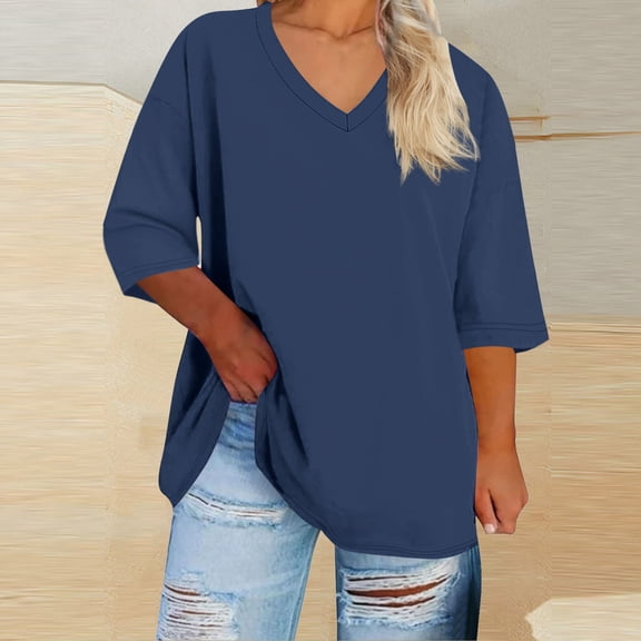 T Shirts for Women Plus Size 3/4 Sleeve V-neck Oversized Solid Summer Base Sports T-shirt Navy XXL
