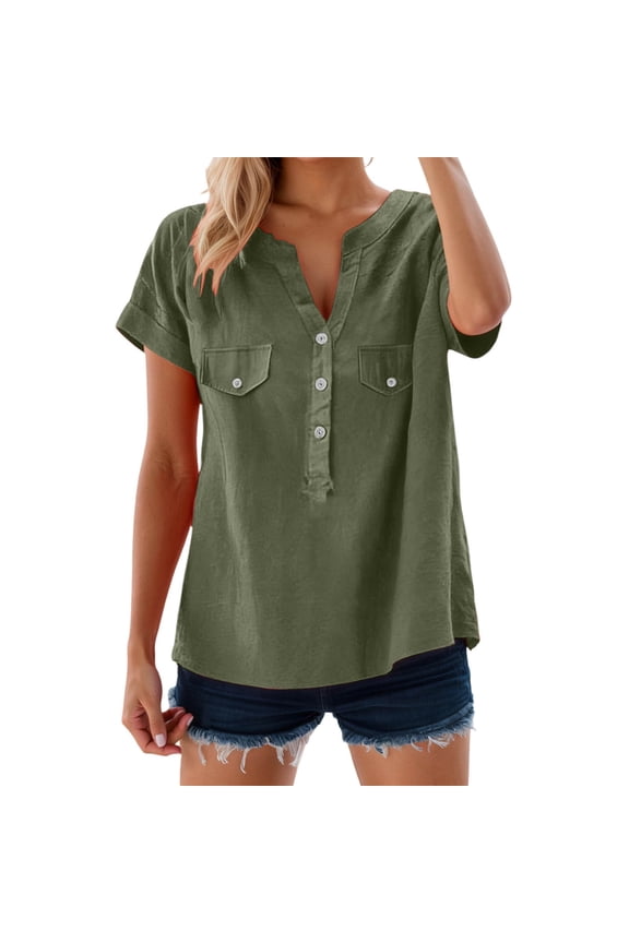 T Shirts for Women Plus Size Button Up V-Neck Solid Short Sleeve Blouses Trendy Soft Comfy Loose Fit Tops with Pocket