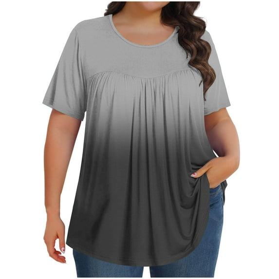 T-Shirts for Women Plus Size Casual Gradient Color Pleated Crewneck Short Sleeve Loose Comfy Blouse T-Shirts