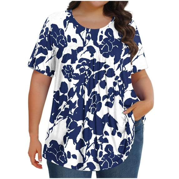 T-Shirts for Women Plus Size Casual Gradient Floral Printed Crewneck Short Sleeve Loose Comfy Blouse T-Shirts