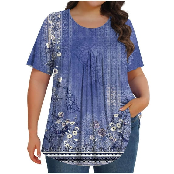 T-Shirts for Women Plus Size Casual Gradient Floral Printed Crewneck Short Sleeve Loose Comfy Blouse T-Shirts