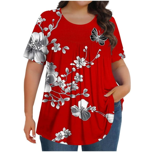 T-Shirts for Women Plus Size Casual Gradient Floral Printed Crewneck Short Sleeve Loose Comfy Blouse T-Shirts