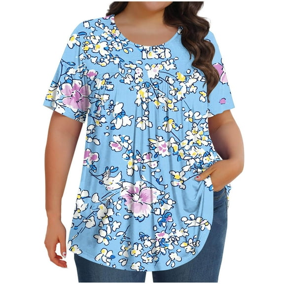T-Shirts for Women Plus Size Casual Gradient Floral Printed Crewneck Short Sleeve Loose Comfy Blouse T-Shirts