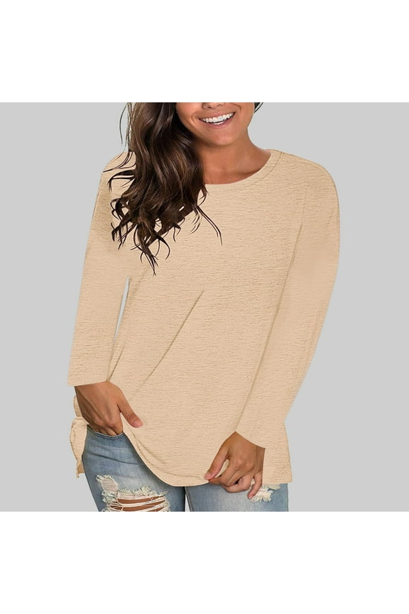 T Shirts for Women Plus Size Clothing Ladies Summer Tops Long Sleeve Tshirt Curved Hem Basic Tees Loose Fit Khaki S