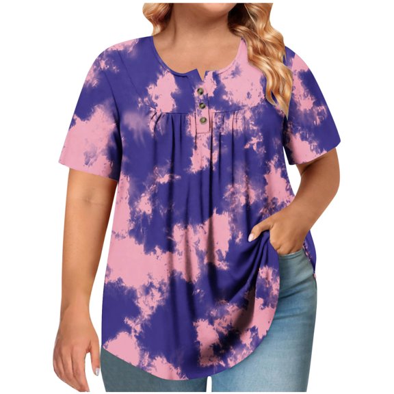 T Shirts for Women Plus Size Gradient Dyeing Circle Short Sleeved Round Neck Button Up Pleated T Shirt Top