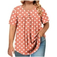 thumbnail image 1 of T Shirts for Women Plus Size Short Sleeved Polka Dot Round Neck Button Up Pleated T Shirt Top, 1 of 6