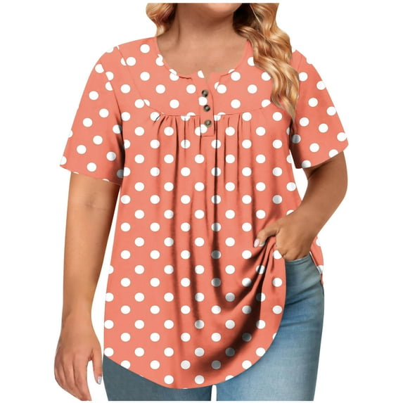 T Shirts for Women Plus Size Short Sleeved Polka Dot Round Neck Button Up Pleated T Shirt Top