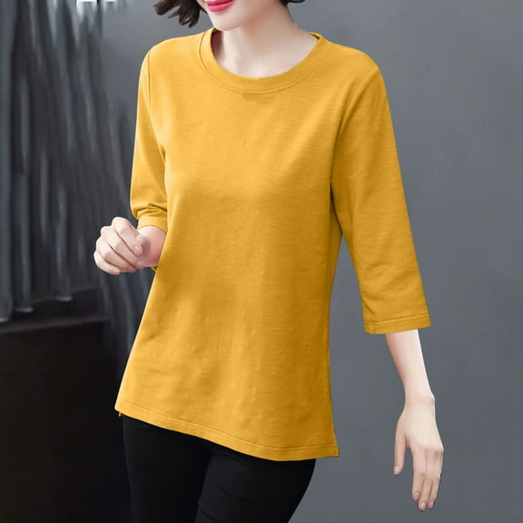 T Shirts for Women Plus Size Short Sleeved Round Neck Solid Color Loose T-shirt Yellow XXL