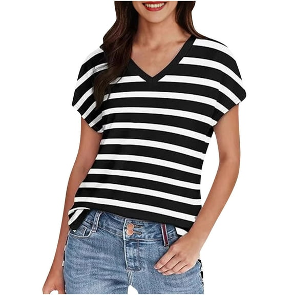 T Shirts for Women Plus Size Short Sleeved V-Neck Stripe Summer Solid Casual Blouses Black XXL