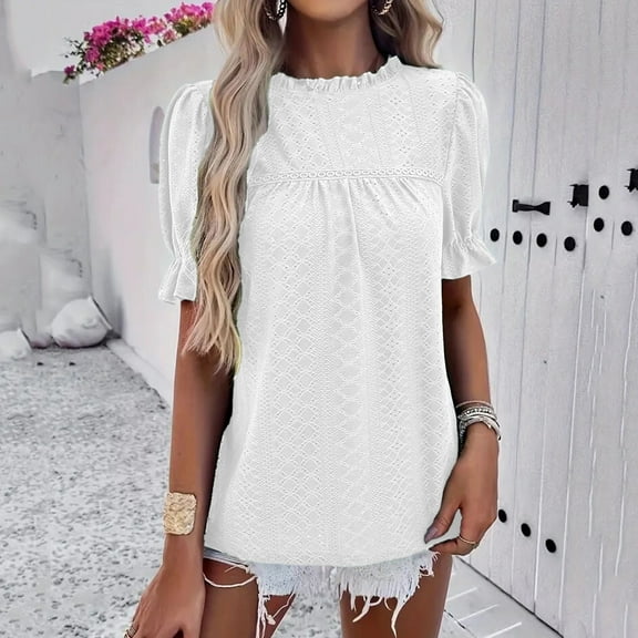 T Shirts for Women Plus Size Short-sleeved Wave Neck Pleats Summer Top White XXL