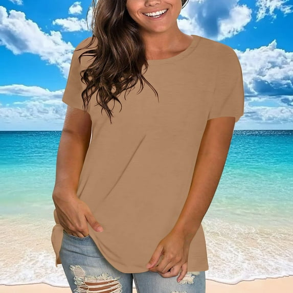 T Shirts for Women Plus-Size Solid Color Short Sleeve Summer Tops V Neck Summer Tops Ladies T shirt Khaki S