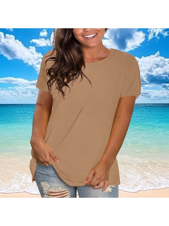 T Shirts for Women Plus-Size Solid Color Short Sleeve Summer Tops V Neck Summer Tops Ladies T shirt Khaki XXXXXL