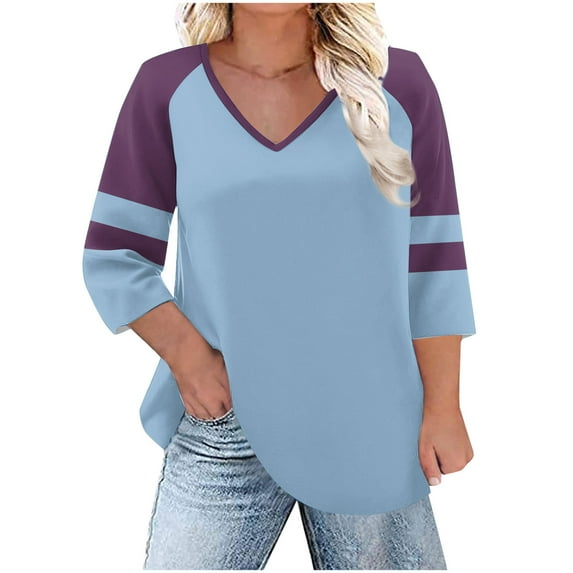 T-Shirts for Women Plus Size V-Neck Color Block 3/4 Sleeve Oversized T-Shirts Loose Tunic Tops