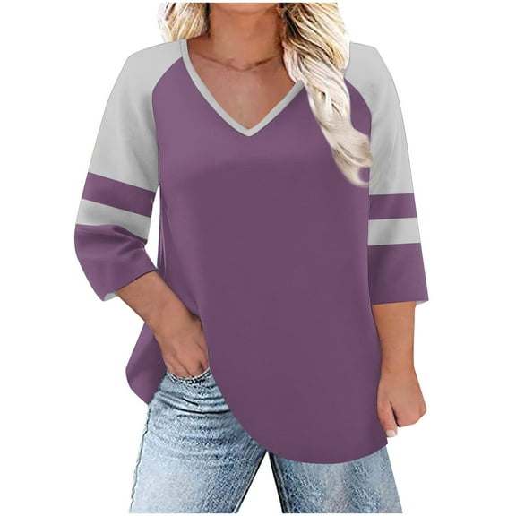 T-Shirts for Women Plus Size V-Neck Color Block 3/4 Sleeve Oversized T-Shirts Loose Tunic Tops