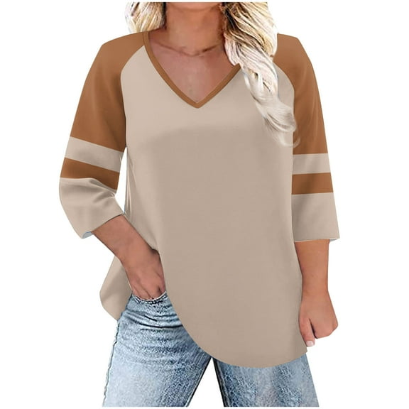 T-Shirts for Women Plus Size V-Neck Color Block 3/4 Sleeve Oversized T-Shirts Loose Tunic Tops