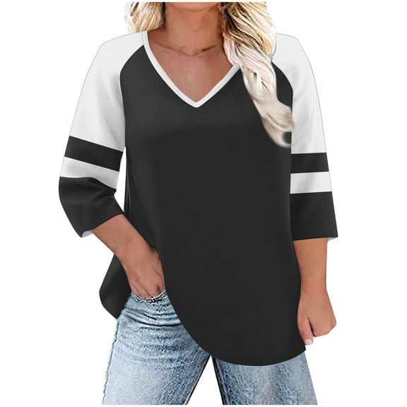 T-Shirts for Women Plus Size V-Neck Color Block 3/4 Sleeve Oversized T-Shirts Loose Tunic Tops