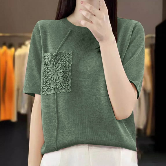 T Shirts for Women Plus Size, Xunlbb Fashion Women's Casual Solid Color Knit Short Sleeve Round-Neck Blouses Shirts(Green,L)