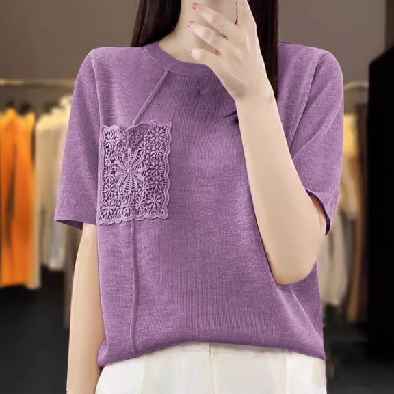 T Shirts for Women Plus Size, Xunlbb Fashion Women's Casual Solid Color Knit Short Sleeve Round-Neck Blouses Shirts(Purple,XL)