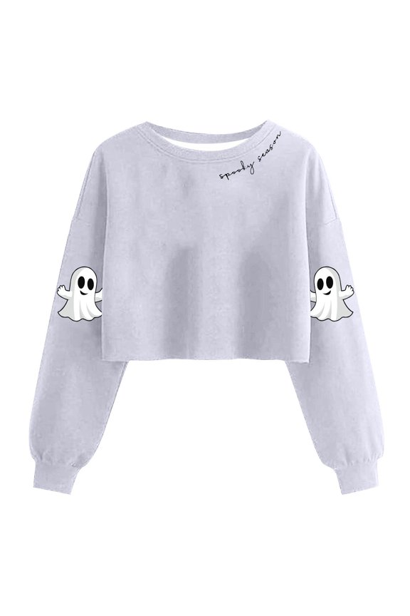 Halloween Sweatshirts for Women Cropped Ghost Graphic Crewneck Sweatshirt Cute Long Sleeve Fall Clothes