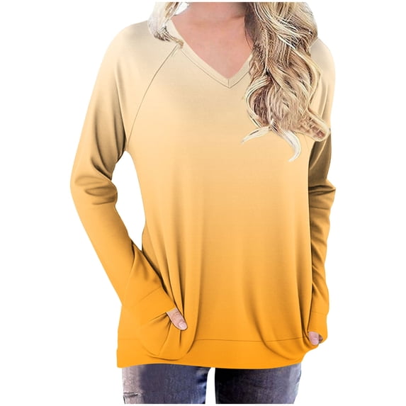 T Shirts for Women Raglan Long Sleeve V Neck Basic Tee Gradient Print Casual Loose Fit Soft Fall Tops with Pockets
